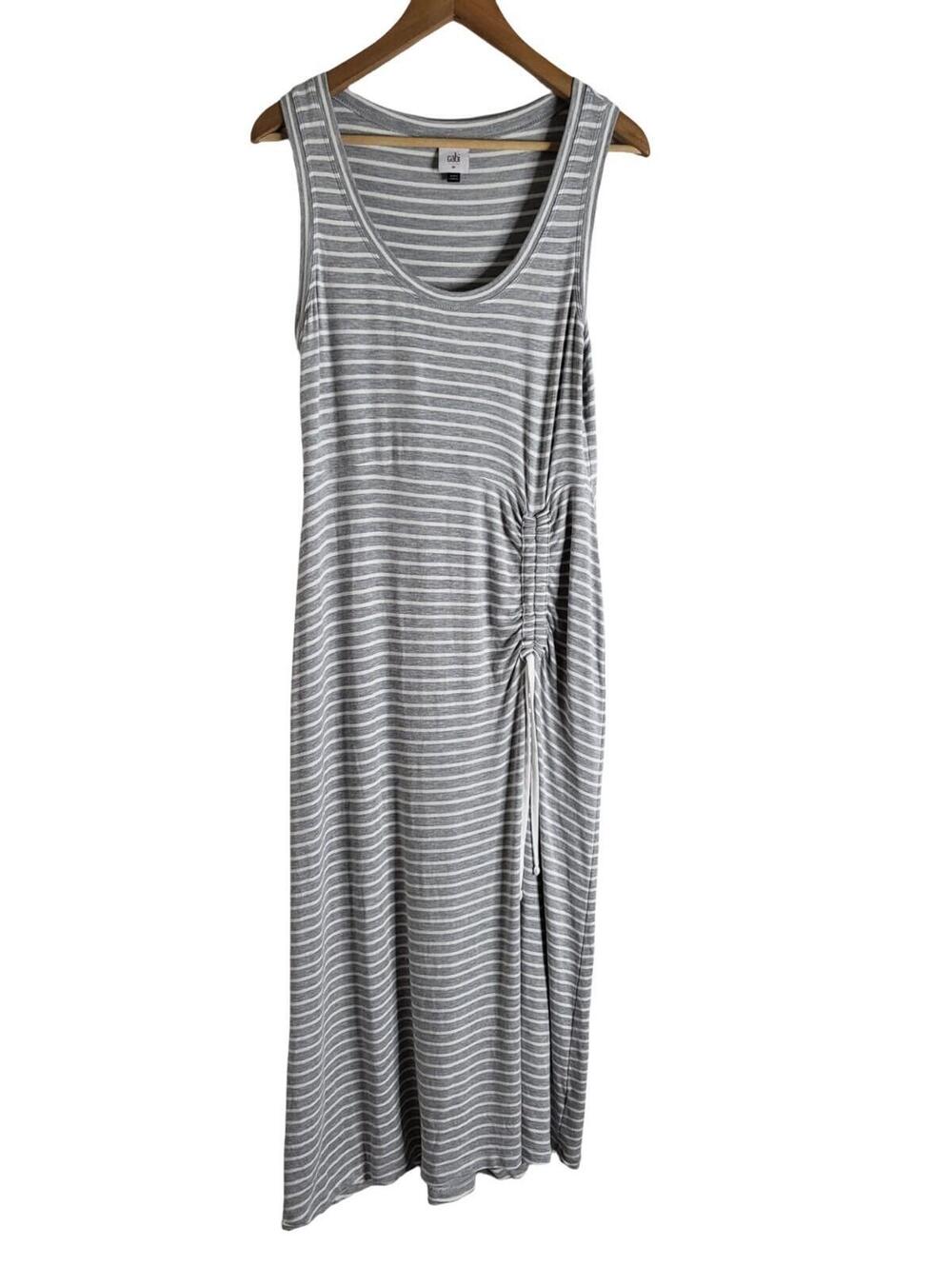 Cabi Gray And White Striped Tank Dress Ruched Drawstring Side Detail Size M